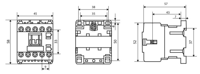 Схема габаритных размеров пускателя ПМ 0-06-01 (LC1-L0601